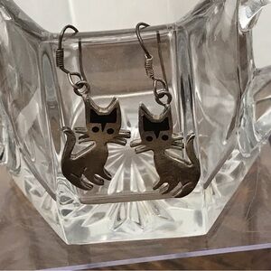 Vintage Mexico Sterling Silver and black enamel Cat Earrings